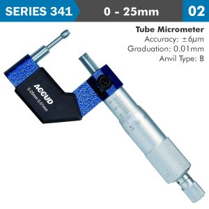 TUBE MICROMETER 25MM 0.006MM ACC. 8X3.4MM ANVIL 0.01MM GRAD.