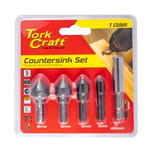 COUNTERSINK SET 5PCE SET CARBON (8,12,16,19MM C/W HEX SHANK ADAPTOR)