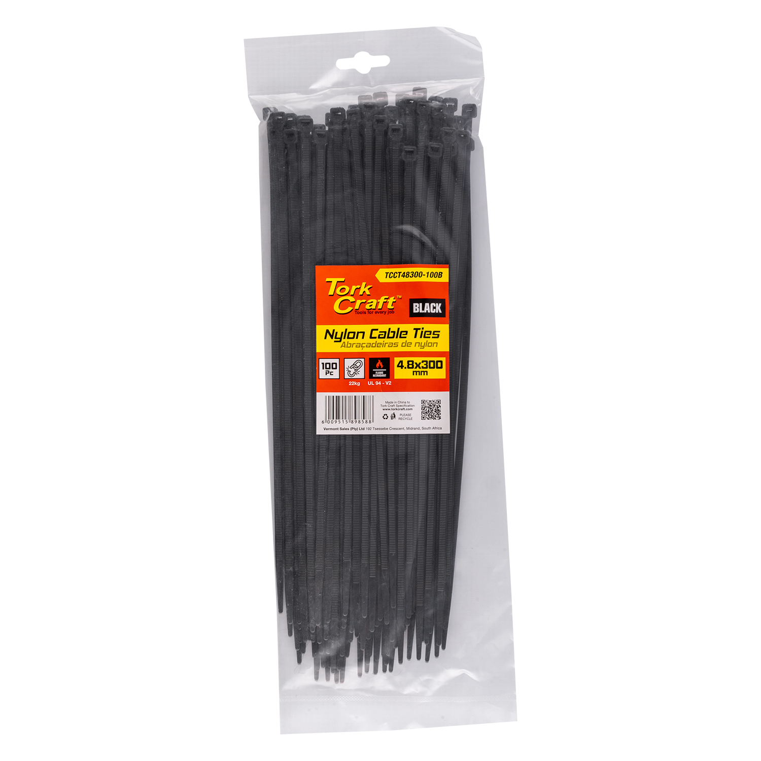 NYLON CABLE TIES 4.8MM X 300MM BLACK 100PC