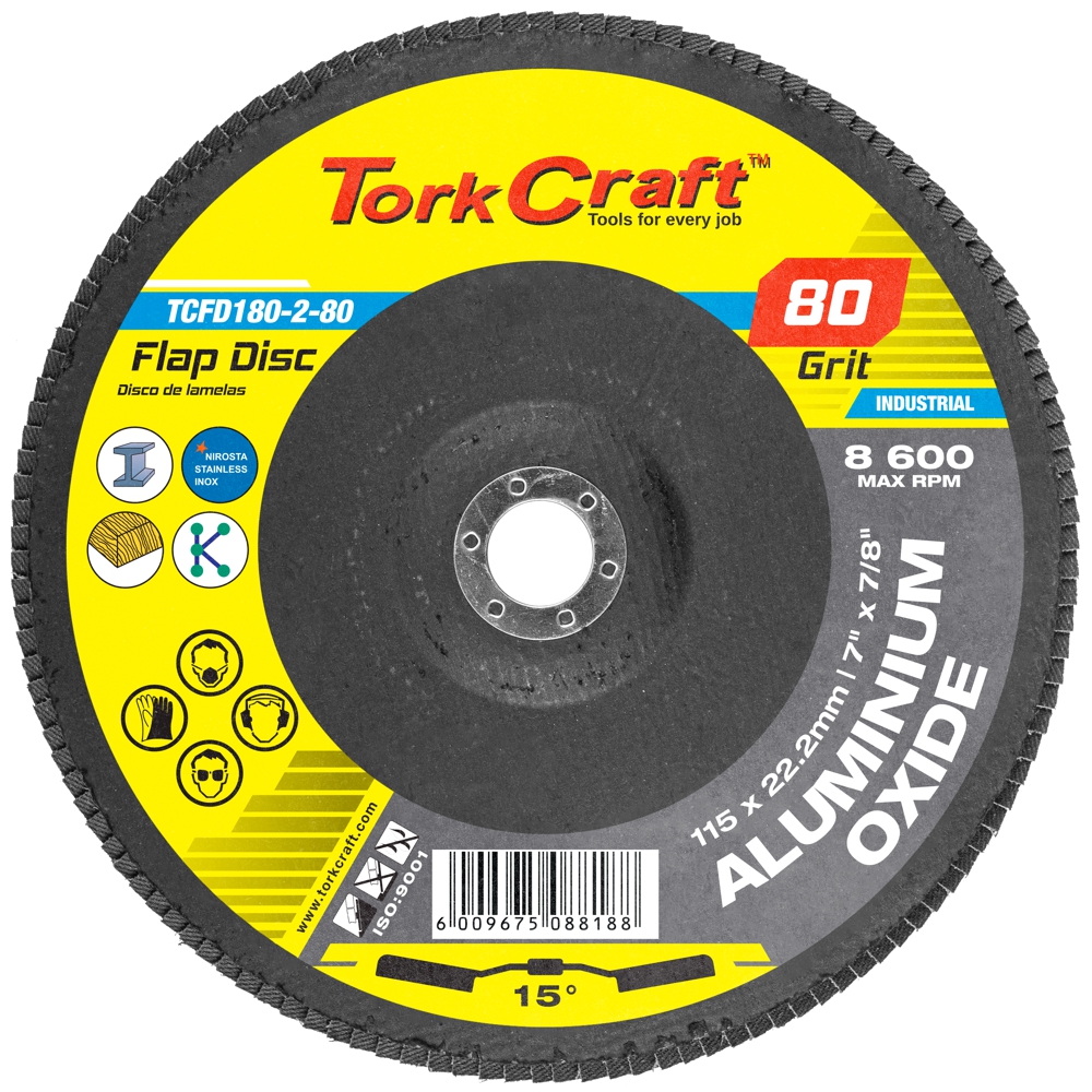 FLAP DISC 180MM 15 DEG.ANGLE 80GRIT A/O