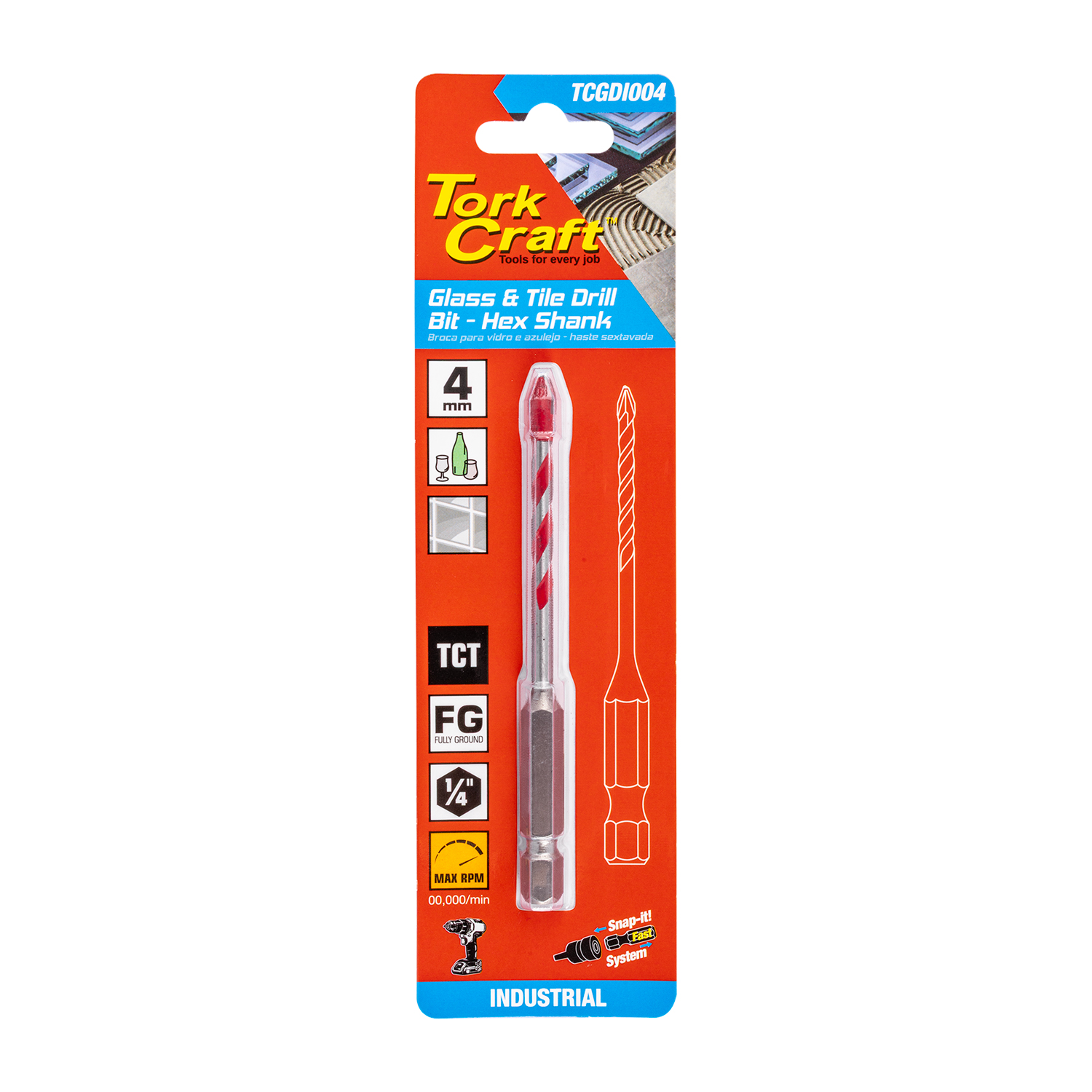 GLASS & TILE DRILL 4MM HEX SHANK INDUSTRIAL