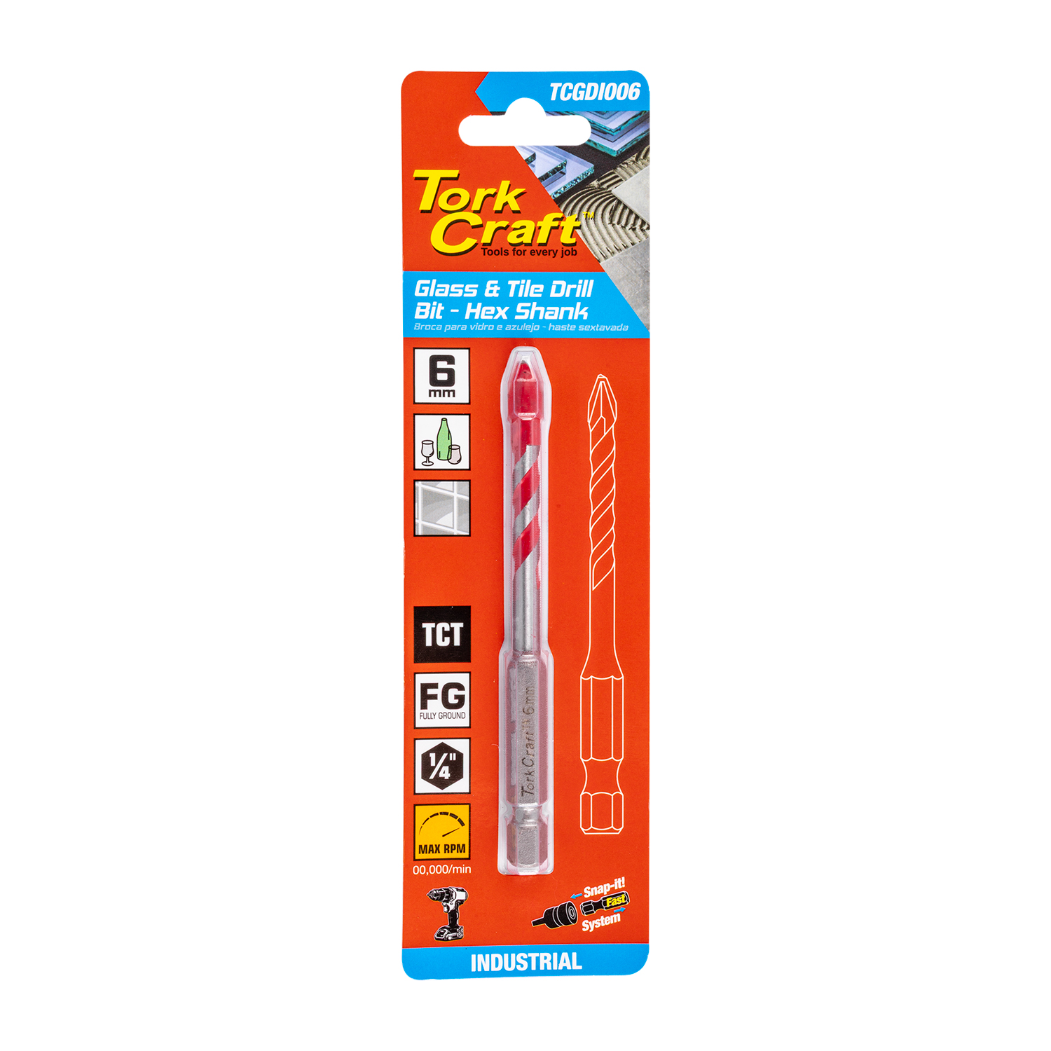 GLASS & TILE DRILL 6MM HEX SHANK INDUSTRIAL