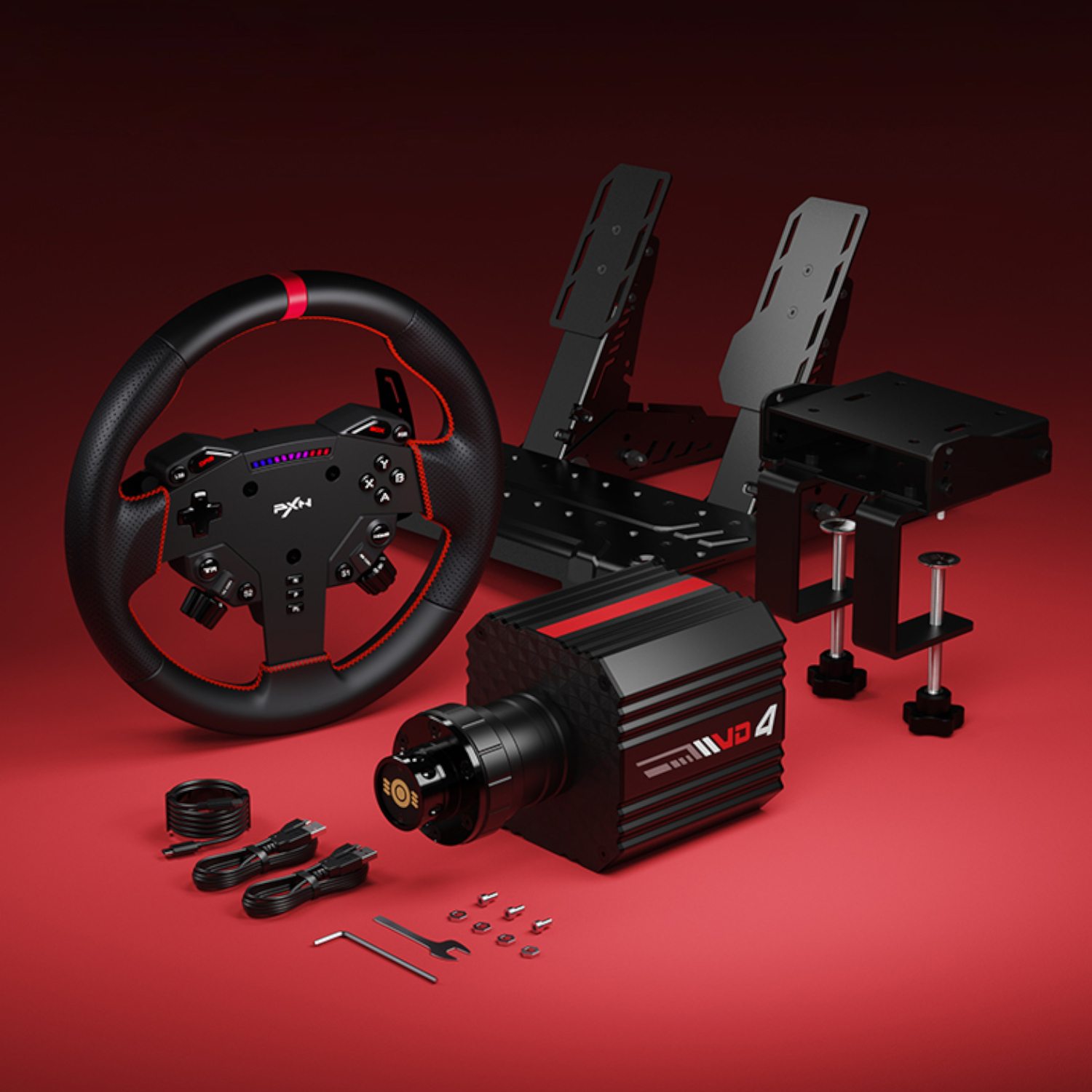 PXN VD4 Direct Drive Sim Racing Wheel – PD-HM Dual Pedal – Z8 Clamp Bundle - Image 7